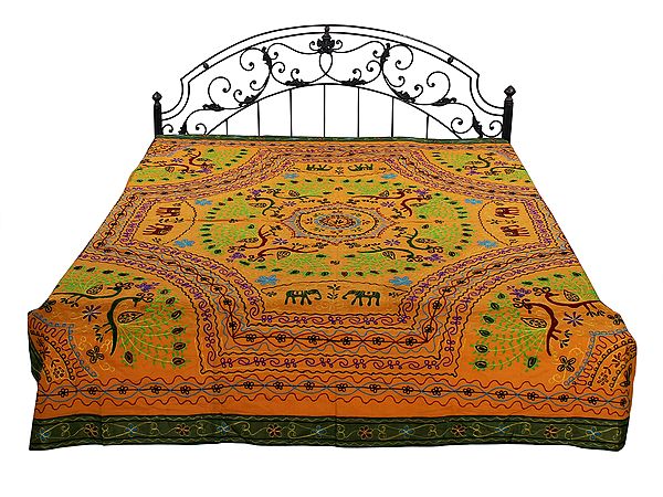 Gujarati Bedspread with Metallic Thread Embroidered Peacocks and Folk Motifs