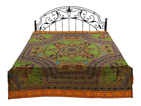 Gujarati Bedspread with Metallic Thread Embroidered Peacocks and Folk Motifs