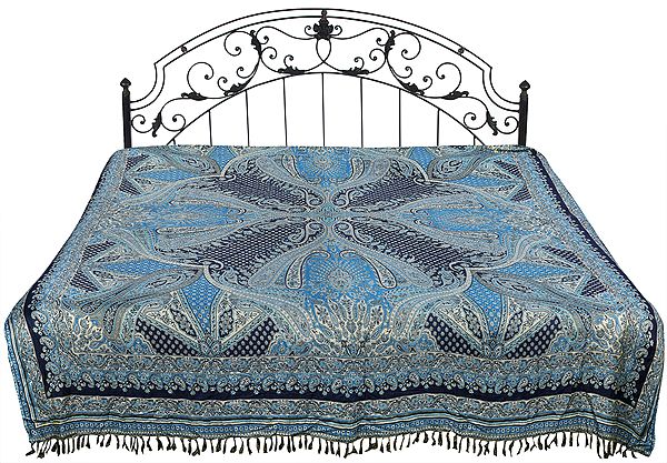 Bluejay Jamawar Reversible Bedspread from Amritsar with Woven Paisleys