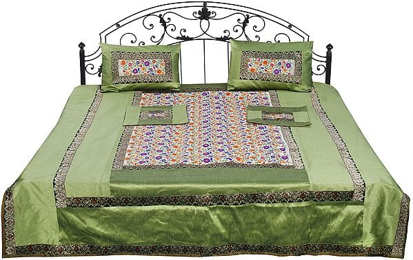 Pista-Green Brocaded Bedcover with Embrodiered Flowers All-Over