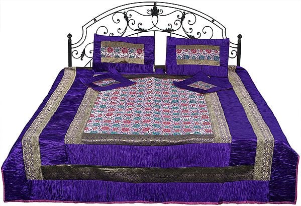 Ultra-Violet Brocaded Bedspread with Embroidered Flowers All-Over