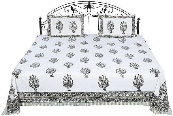 Lily-White Bedspread from Sanganer with Block-Printed Bushes