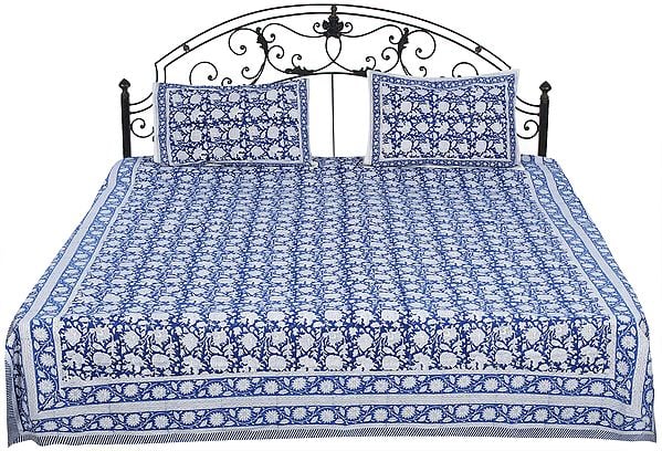 True-Navy Bedspread from Sanganer with Printed Floral Vines All-Over
