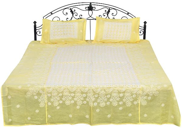 Daffodil Bedspread from Lucknow with Chikan Hand-Embroidery and Cut-work