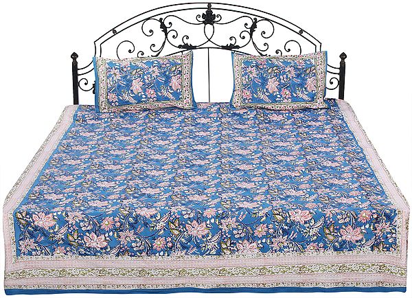 Celestial-Blue Sanganeri Bedspread with Screen-Printed Flower