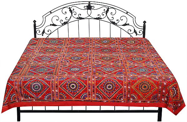 Bedcover from Jaipur with Embroidered Motifs and Mirrors