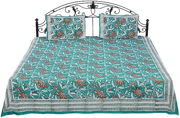 Deep-Sea Sanganeri Bedspread with Screen-Printed Flowers All-Over