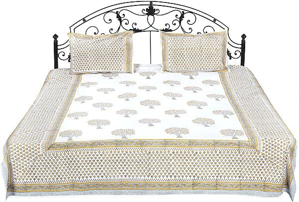 Lily-White Bedspread from Sanganer with Printed Trees and Flowers