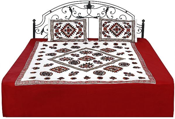 Cream and Maroon Bedcover from Gujarat with Embroidered Florals and Mirrors