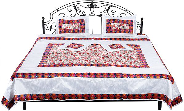 Bright-White Bedspread from Gujarat with Embroidered  Flowers and Patch Border