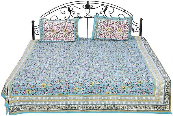 Turquoise Bedspread from Sanganer with Floral Screen Print