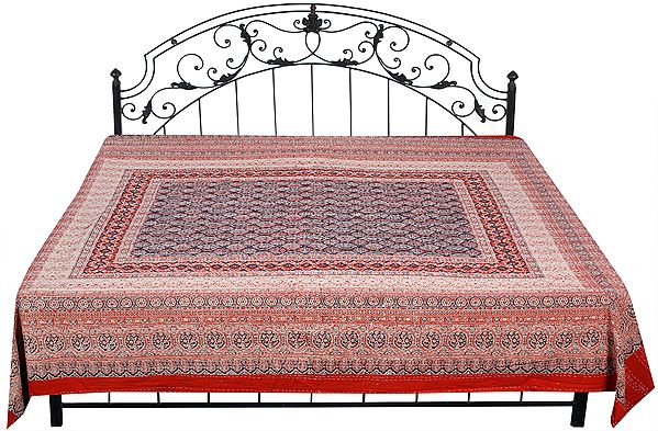 Poppy-Red Bagdoo Printed Bedcover from Amer with Kantha Straight Stitch Embroidery