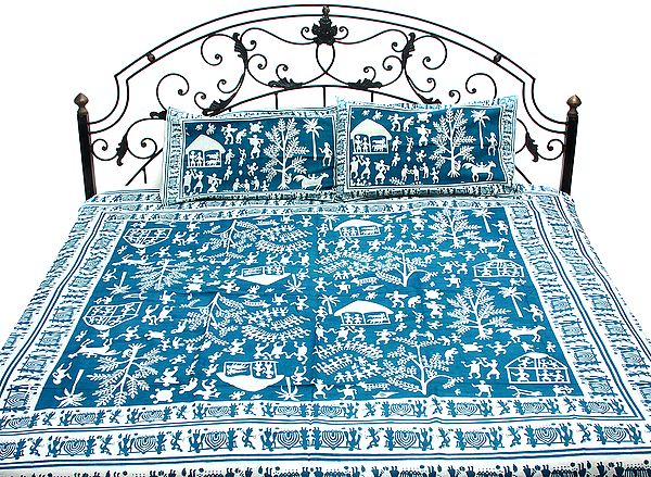 Teal-Blue Bedspread with Hand Printed Folk Figures Inspired By Warli Art