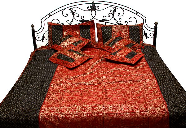 Tomato-Red and Black Seven-Piece Bedspread from Banaras with Brocaded Elephants