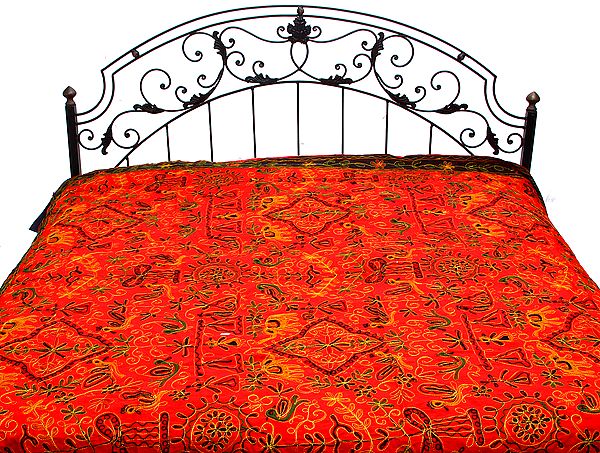 Tomato-Red Gujrati Bedspread with Metallic Thread Embroidered Birds and Folk Motifs