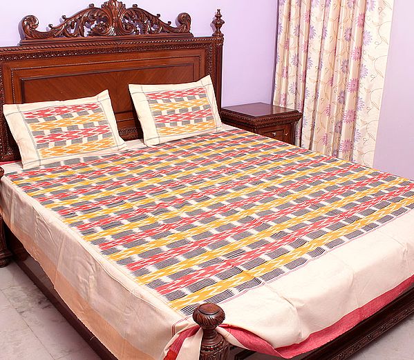 Tri-Color Bedspread from Pochampally with Ikat Woven Stripes