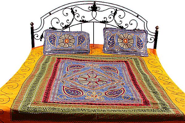Tri-Color Gujarati Bedspread with All-Over Embroidery and Sequins