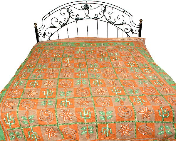 Tri-Color Kantha Bedspread with Auspicious Print