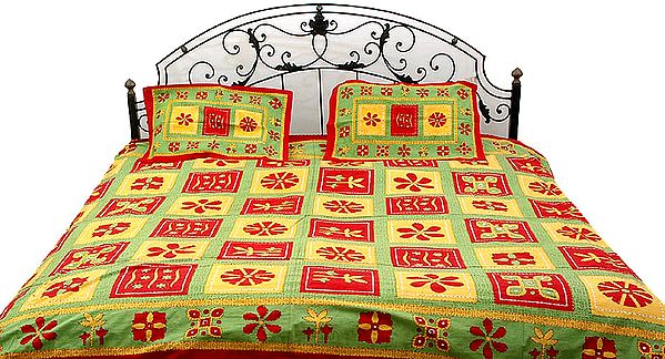 Tri-Color Kantha Stitch Bedspread with Auspicious Print