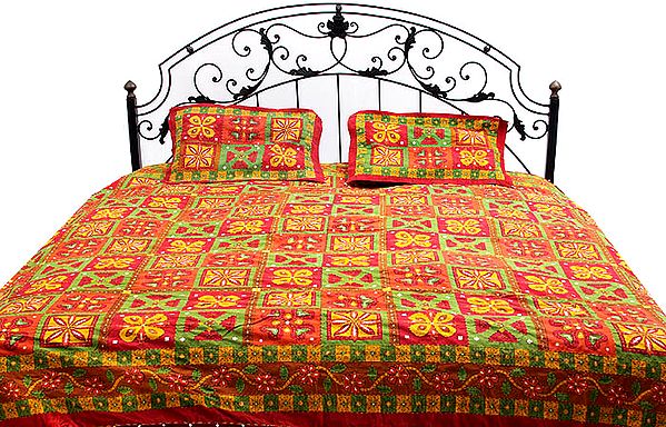 Tri-Color Kantha Stitch Bedspread with Hanging Bells