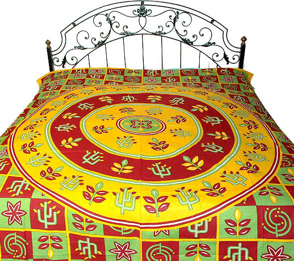 Tri-Color Printed Sanganeri Bedspread with Vegetative Motifs