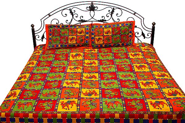 Tri-Color Sanganeri Bedspread with Printed Camels and Kantha Embroidery