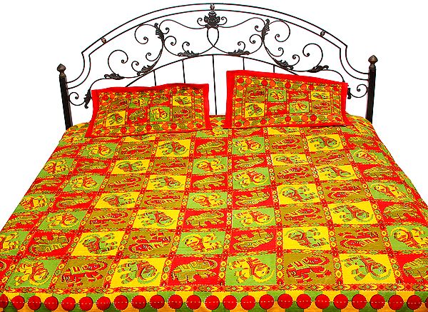 Tri-Color Sanganeri Bedspread with Printed Elephant and Kantha Embroidery