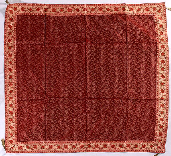 True Red Tanchoi Table Cover from Banaras with All-Over Weave and Floral Border