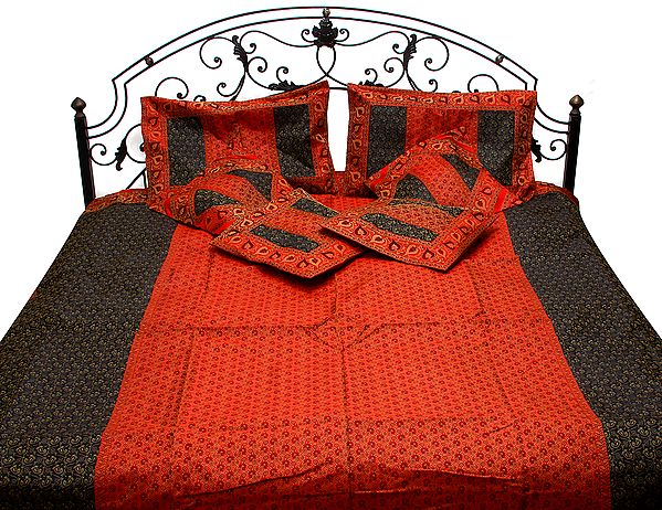 True-Red Seven-Piece Banarasi Bedcover with Tanchoi Weave and Brocaded Border