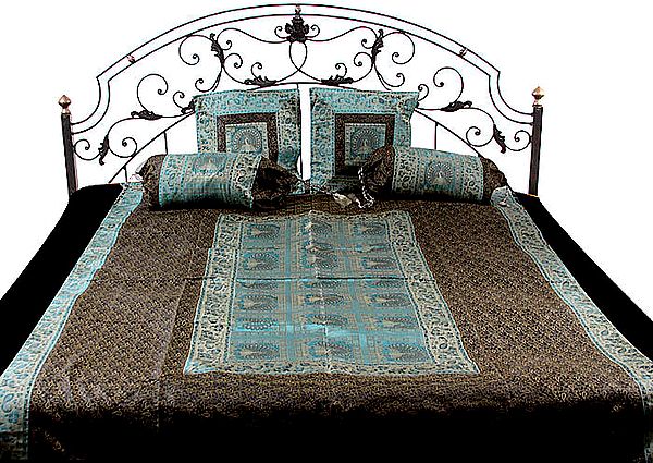 Turquoise and Black Five-Piece Single-Bed Banarasi Bedcover with Woven Peacocks