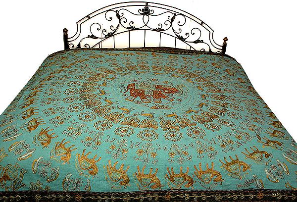 Turquoise Chakravyuh Gujarati Bedspread with Hand-Embroidered Elephants