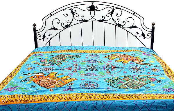 Turquoise Gujarati Bedspread with Appliqué Elephants and All-Over Embroidery