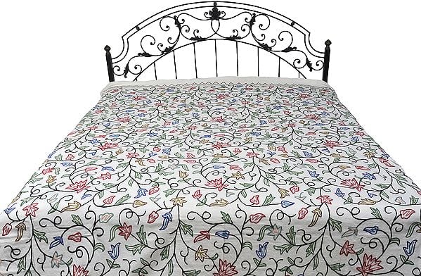 Whisper-White Bedspread from Kashmir with Ari-Embroidered Flowers All-Over