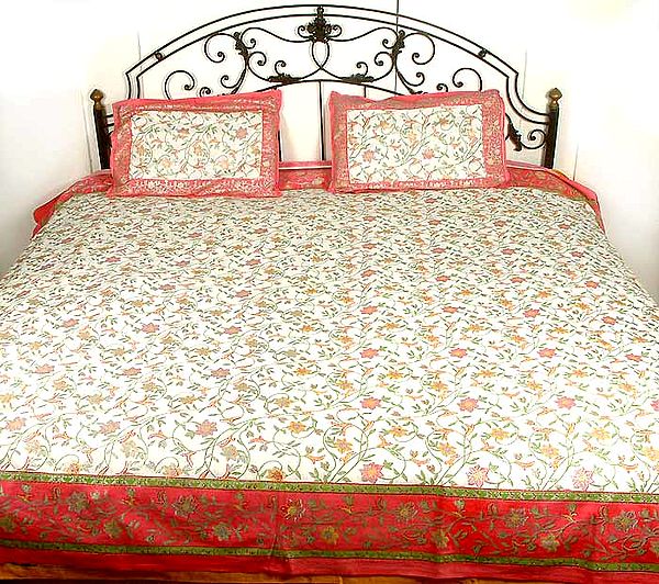 White and Pink Floral Printed Bedspread with Silver Paint