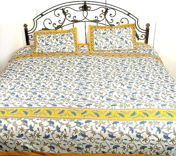 White and Yellow Floral Printed Bedspread with Silver Paint