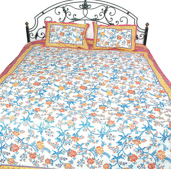 White Bedspread with Densely Printed Floral Vines