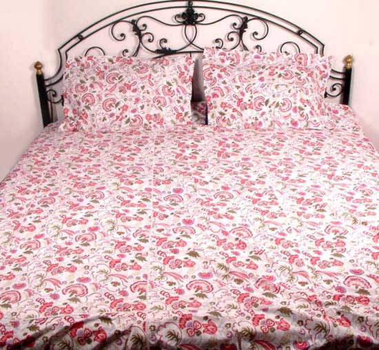 White Floral Bedspread with Lace Work Exotic India Art