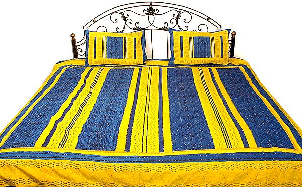Yellow and Blue Printed Bedspread with Kantha Stitch Embroidery