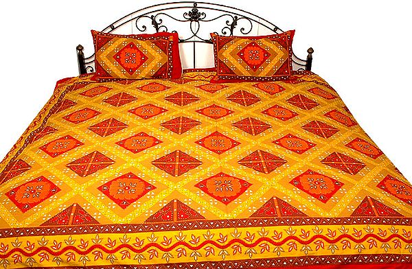 Yellow and Brown Floral Printed Kantha Stitch Bedspread