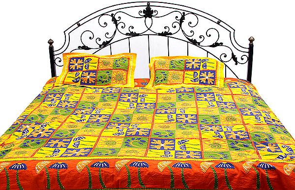 Yellow and Green Kantha Stitch Bedspread with Printed Palms