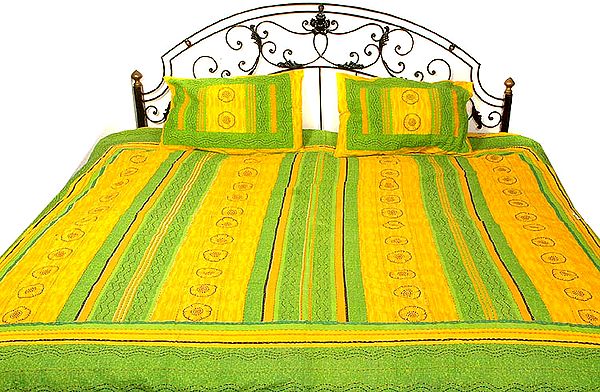 Yellow and Green Printed Bedspread with Kantha Stitch Embroidery