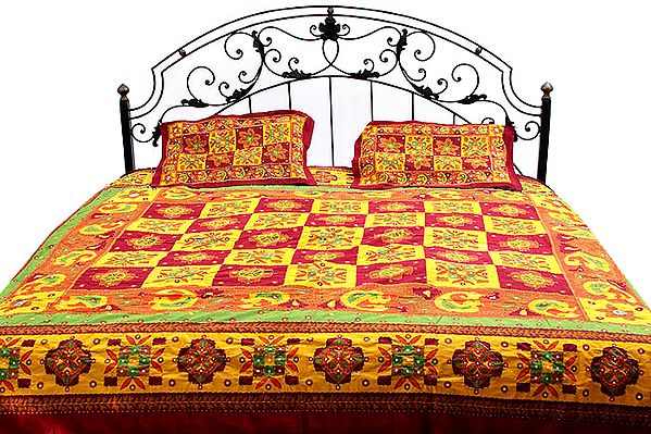 Yellow and Maroon Kantha Stitch Bedspread with Hanging Bells