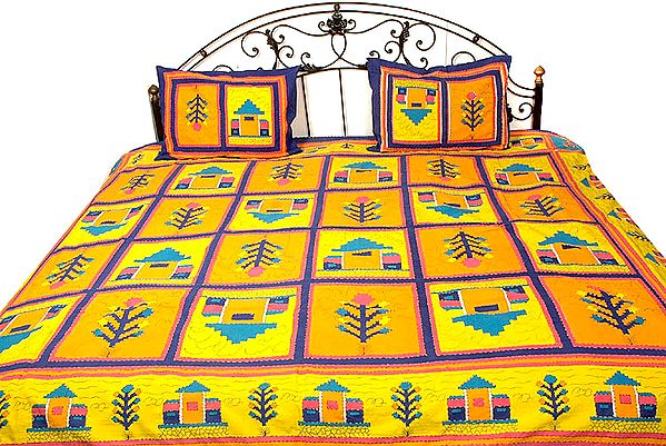 Yellow and Orange Bedspread with Kantha Stitch Embroidery and Printed Hut