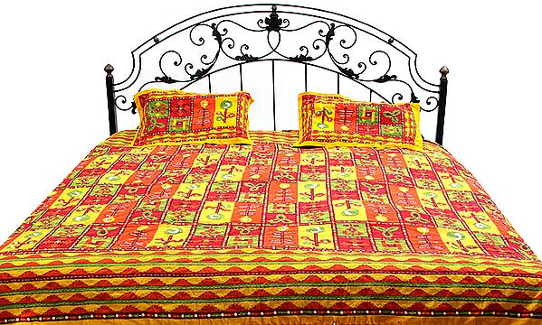 Yellow and Orange Kantha Stitch Bedspread with Hanging Bells