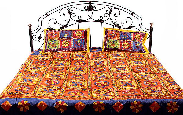 Yellow and Orange Kantha Stitch Bedspread with Hanging Bells