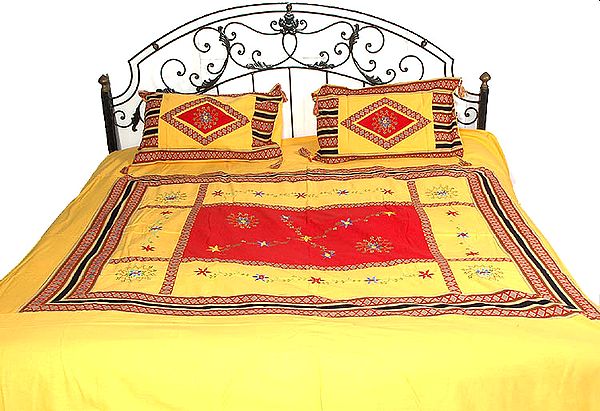 Yellow and Red Printed Bedspread with Floral Embroidery and Mirrors