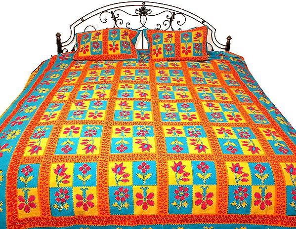 Yellow and Turquoise Floral Printed Bedspread with Kantha Stitch