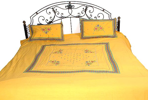 Yellow Bedspread with Floral Embroidery