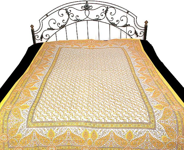 Yellow on White Single Bedspread from Sanganer