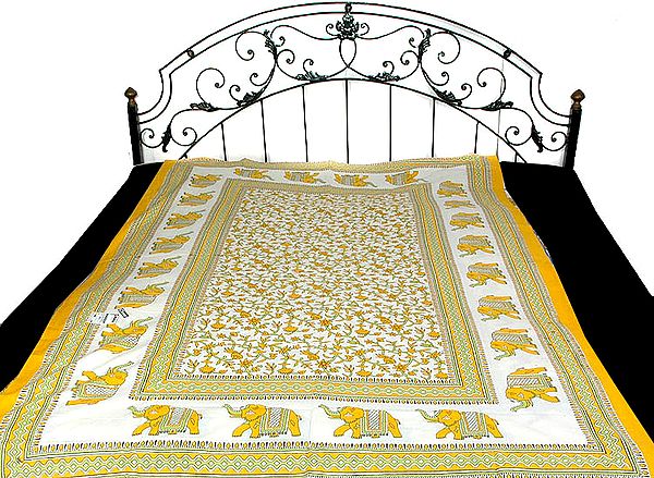 Yellow on White Single Bedspread from Sanganer